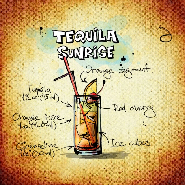 a drawing of a cocktail in a tall glass, an illustration of, conceptual art, orange sun set, on old paper, highly detailed labeled, vignette illustration