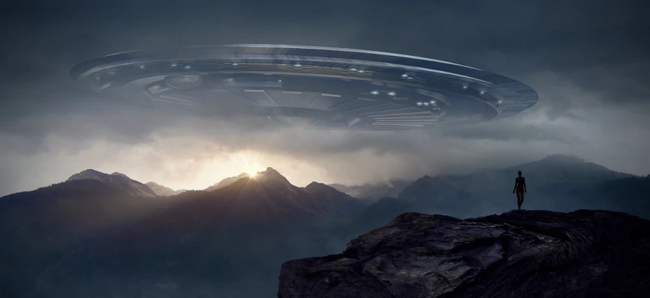 a man standing on top of a mountain looking at a flying saucer, a matte painting, by Christopher Balaskas, halo above head, frame from prometheus movie, mobile wallpaper, halo over her head