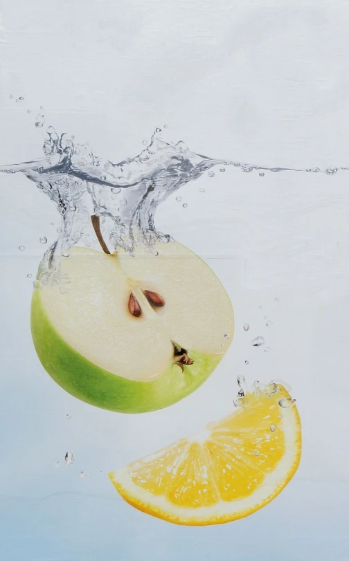 an apple is falling into the water with a slice of orange, a photorealistic painting, green apples, close up food photography, wetcore, innovation