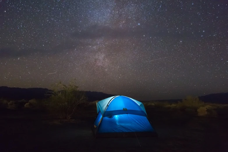 a blue tent under a night sky full of stars, by Matthew D. Wilson, death valley, 4k post, dennis velleneuve, michael