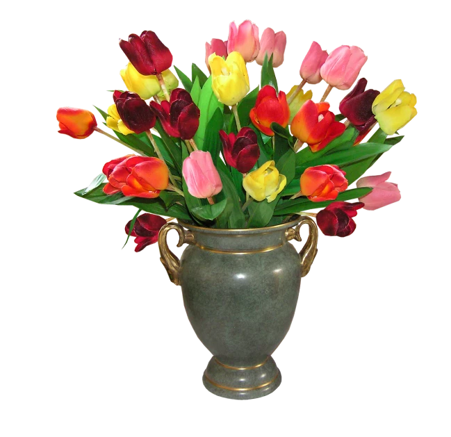 a vase filled with lots of different colored tulips, inspired by François Boquet, bronze, restored color, 8k h- 640, leaked image