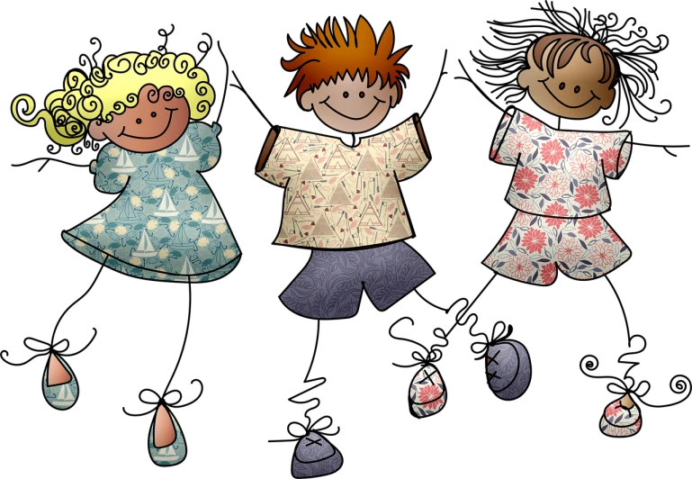 a group of paper dolls standing next to each other, a digital rendering, by Nándor Katona, trending on pixabay, process art, wearing a baggy pajamas, boy and girl, on black background, cute decapodiformes