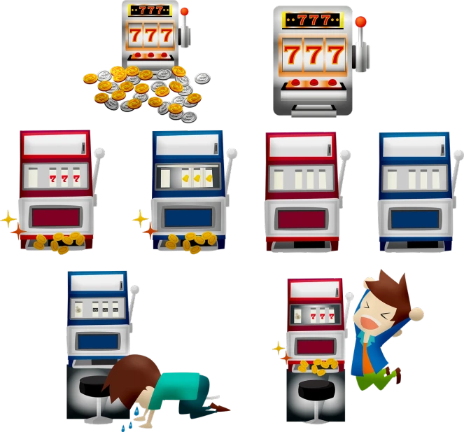 a man standing next to a bunch of slot machines, a screenshot, by Hiroyuki Tajima, deviantart, naive art, 3 d icon for mobile game, spritesheet, people at work, on black background