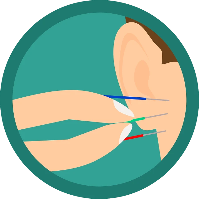 a close up of a person holding a pair of scissors, an illustration of, hurufiyya, cables out of the ears, flat color, acupuncture treatment, round