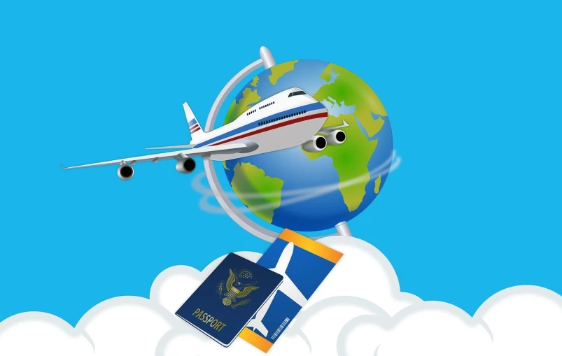 a plane flying in the sky with a passport in front of it, an illustration of, conceptual art, nation geographic style, patriot, there is blue sky, with earth