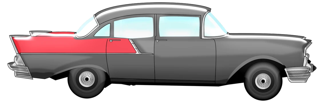 a gray and red classic car on a black background, concept art, trending on pixabay, conceptual art, missing panels, cel shaded:15, window open, 1957