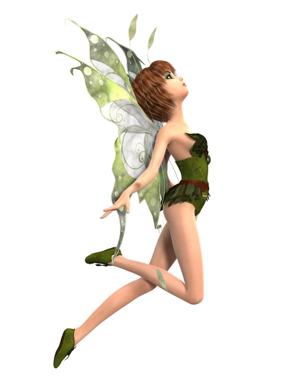 a woman dressed as a fairy flying through the air, a digital rendering, pixie character, fbx, bottom angle, greenish tinge