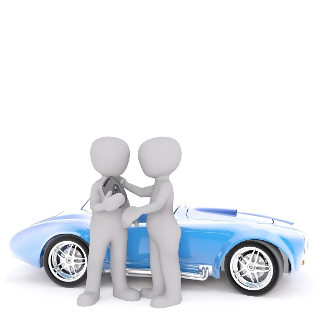 two people shaking hands in front of a blue sports car, conceptual art, 3d characters, background is white, contemplating, flash photo