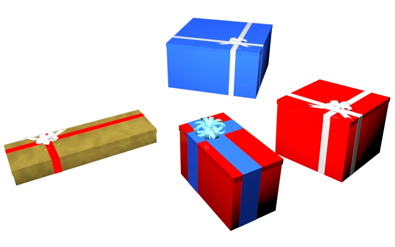 a group of three gift boxes sitting next to each other, polycount, computer art, roblox, random object movement, 4 colors!!!, red blue and gold color scheme