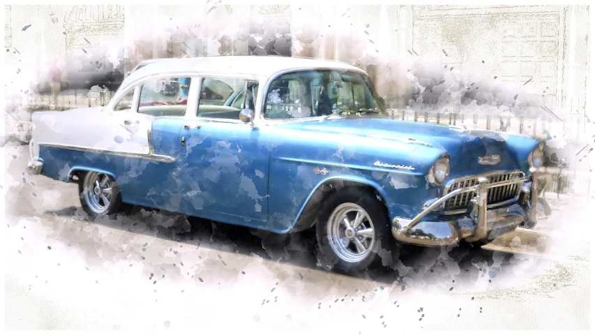 a blue and white car parked in front of a building, a colorized photo, by Joe Bowler, trending on pixabay, pop art, (smoke), colorized pencil sketch, 1957 chevrolet bel air, dappled
