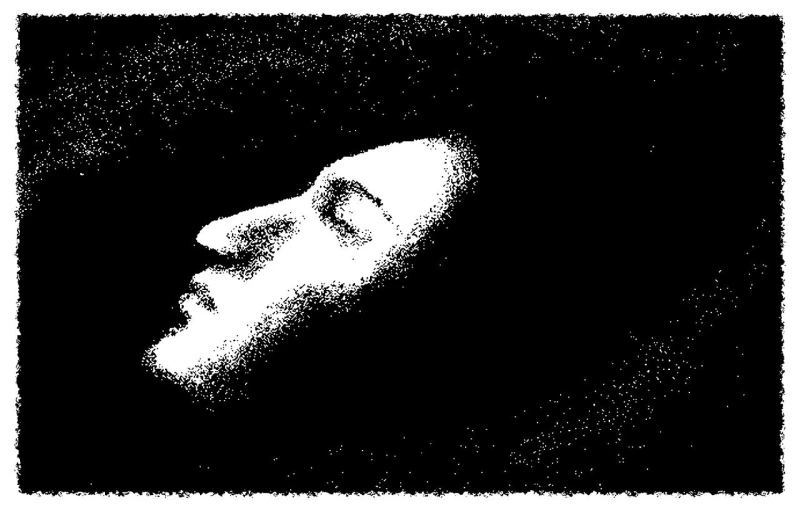 a black and white photo of a man's face, a stipple, inspired by Wojciech Siudmak, pointillism, asleep, drawn in microsoft paint, ( ( ( in a dark, lying down