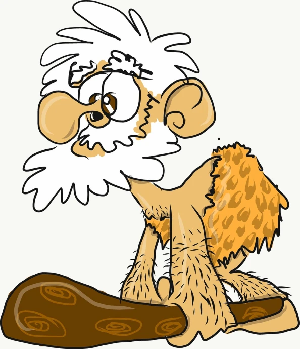 an image of a cartoon character with a snowboard, inspired by Leo Leuppi, mingei, wearing barbarian caveman pelt, sitting on a log, looking old, vulture