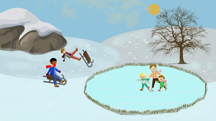 a group of children playing in the snow, an illustration of, inspired by Tove Jansson, frozen lake, digitally draw on wacom tablet, wikihow illustration, in a pond