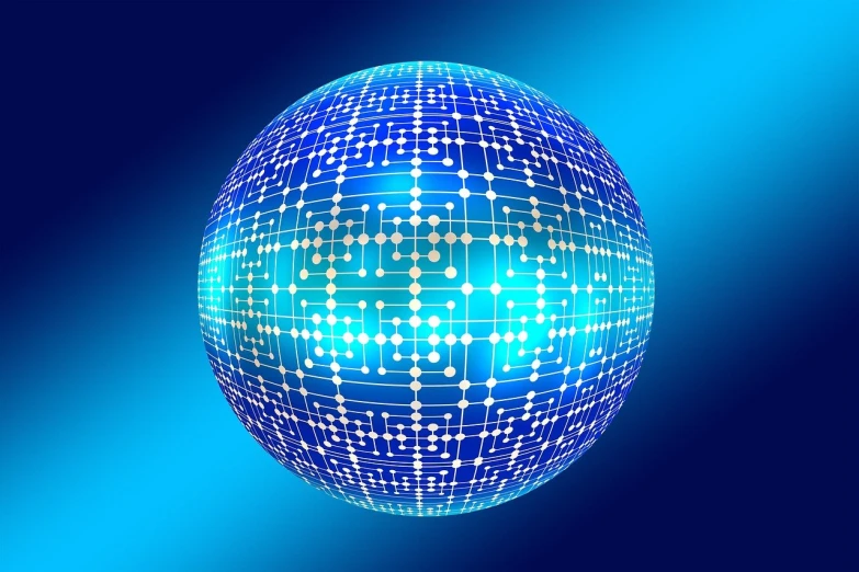 a close up of a sphere on a blue background, digital art, vector images, binary, computer generated, the internet
