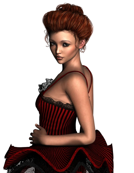 a woman in a red dress posing for a picture, a digital rendering, inspired by Tommaso Dolabella, redhead girl, wearing corset, !updo hair, high res eautiful lighting