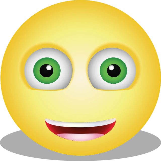 a yellow smiley face with green eyes, a digital rendering, mingei, realistic beautiful big eyes, !!! very coherent!!! vector art, it is glowing, smiling amazed