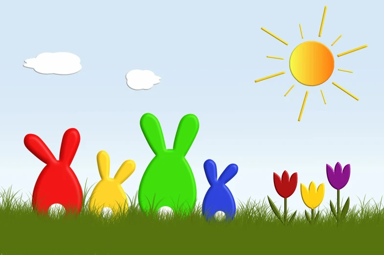 a group of rabbits that are standing in the grass, an illustration of, colorful plastic, sunny at noon, high res photo