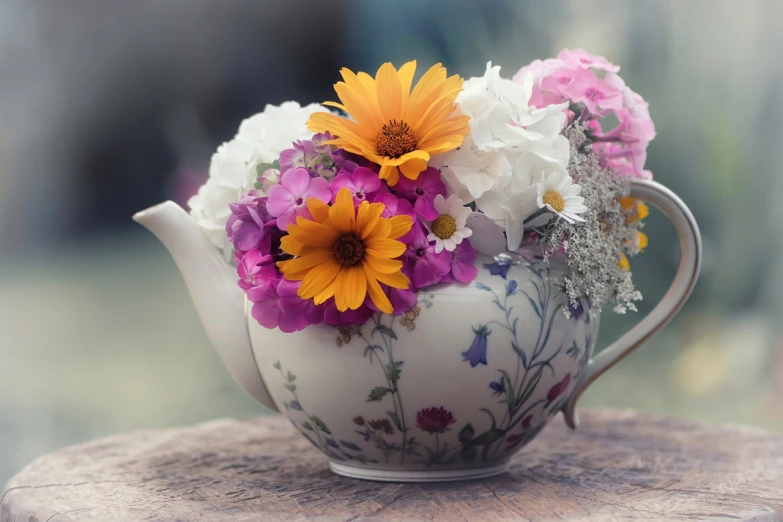 a tea pot filled with flowers on top of a wooden table, pexels, romanticism, beautiful large flowers, beautiful girls, marigold flowers, with a white