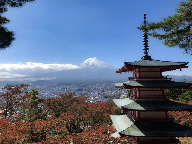 a pagoda with a mountain in the background, a picture, pexels, shin hanga, 😃😀😄☺🙃😉😗, view from high, autum, mount doom