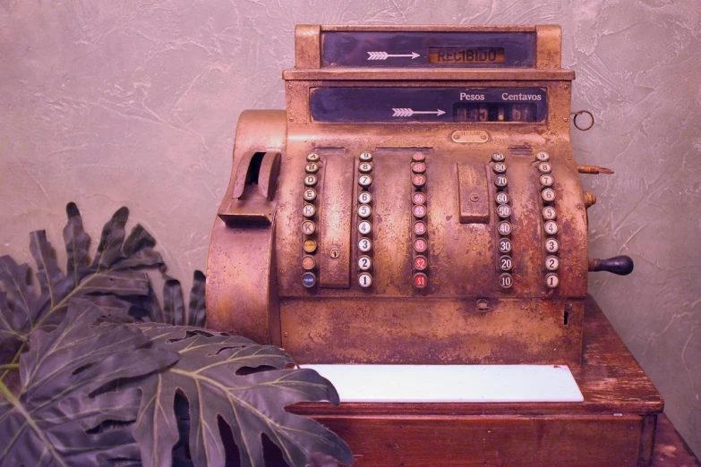 an old cash register sitting on top of a wooden table, a photo, flickr, art nouveau, las vegas, 2 0 0 0's photo, closeup photo, vintage - w 1 0 2 4