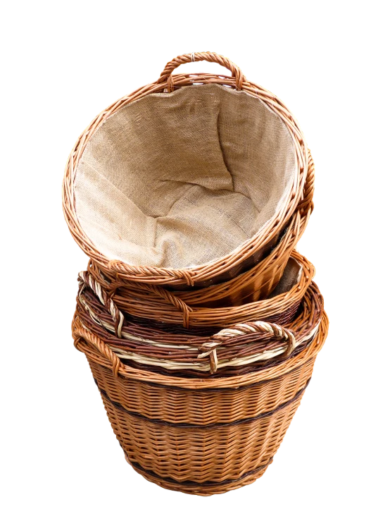 three wicker baskets stacked on top of each other, by László Balogh, shutterstock, on black background, round format, highly detailed product photo, -w 1024