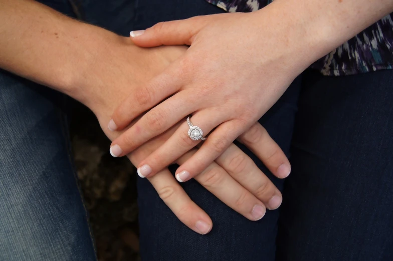 a close up of a person holding a diamond ring, by Brigette Barrager, commercial product photography, realistic picture, holding hands, very detailed!