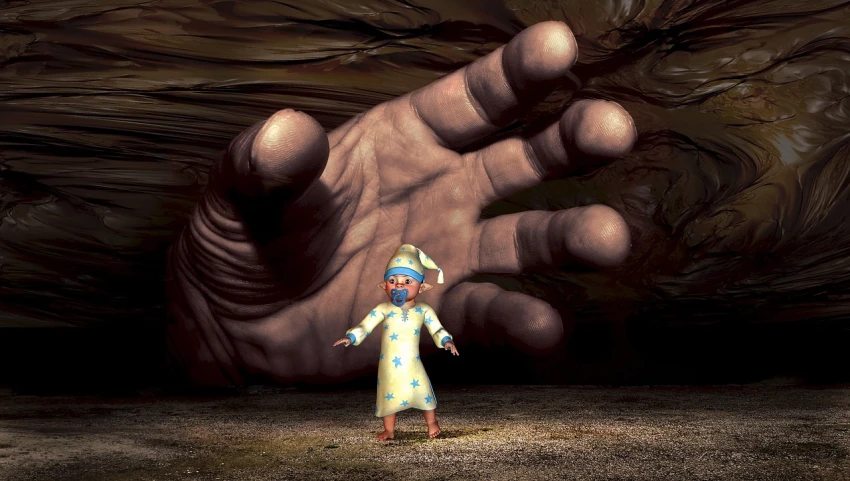 a woman standing in front of a giant hand, by Krzysztof Boguszewski, zbrush central contest winner, pop surrealism, clown waving hello, link in a cave, childhood, doll in hand