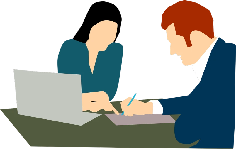 a man and a woman working on a laptop, pixabay, digital art, signing a bill, -step 50, business meeting, compressed jpeg
