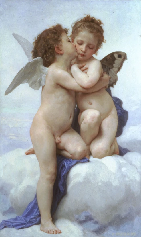 a painting of two angels kissing on a cloud, a fine art painting, by William-Adolphe Bouguereau, flickr, fine art, siamese twins, on a pale background, 1128x191 resolution, oil on the canvas