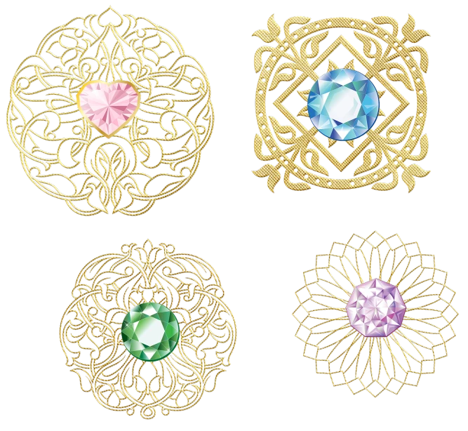 four different types of brooches on a black background, a digital rendering, art nouveau, diamond texture, golden filigree, intricate details illustration, embedded with gemstones
