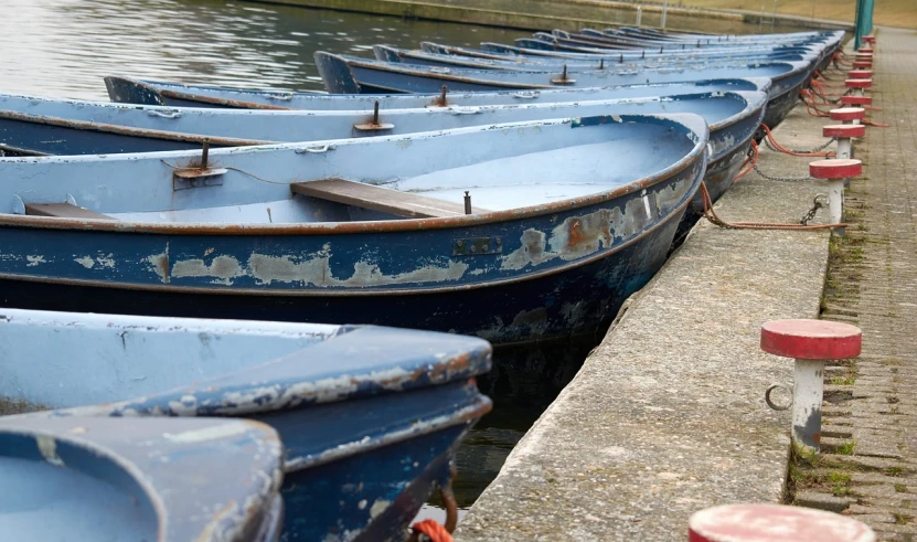 a row of blue boats sitting next to a body of water, by Richard Carline, flickr, fine detail, weathered, river thames, high res photo