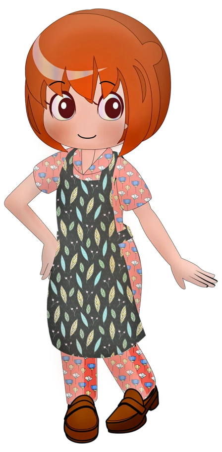 a close up of a person wearing a dress, a digital rendering, inspired by Olive Mudie-Cooke, naive art, apron, red haired girl, full body character design, a friendly wisp