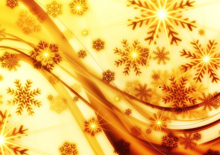 a bunch of snowflakes on a yellow background, a picture, incoherents, draped in silky gold, extremely luminous bright design, caramel, waves of lights