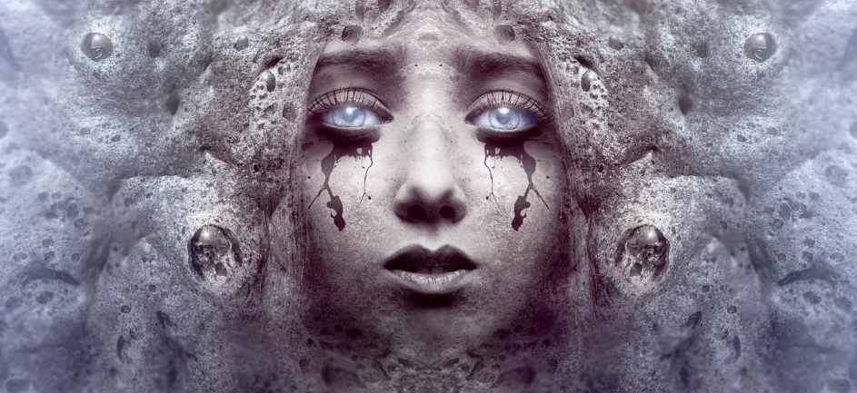 a close up of a woman's face with blue eyes, an album cover, by Adam Marczyński, cgsociety contest winner, gothic art, surreal tears from the moon, doll face, purple watery eyes, horror symmetrical face