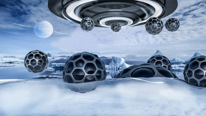 a group of spaceships sitting on top of a snow covered ground, digital art, floating spheres and shapes, hollow earth, hq 4k phone wallpaper, the inside of a ufo