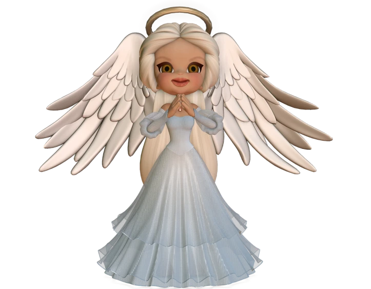 a close up of a figurine of an angel, by Marie Angel, digital art, lineless, margaret keane style, gif, npc with a saint\'s halo