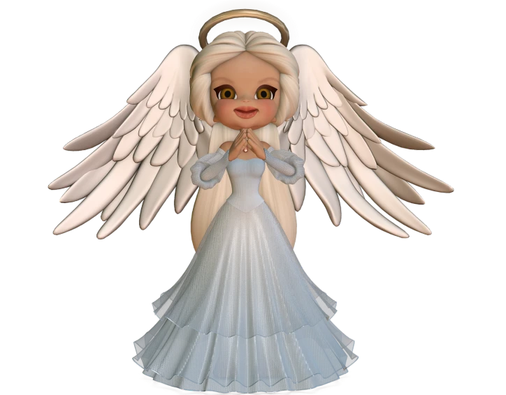 a close up of a figurine of an angel, by Marie Angel, digital art, lineless, margaret keane style, gif, npc with a saint\'s halo