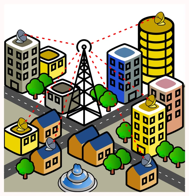 a cartoon drawing of a city with a radio tower, an illustration of, ( ( isometric ) ), spot illustration, optical fiber, nearest neighbor