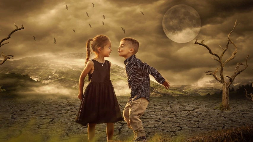 a couple of kids standing next to each other, by Lucia Peka, pixabay contest winner, surrealism, kissing together cutely, wallpaper - 1 0 2 4, gently caressing earth, ominous beautiful mood