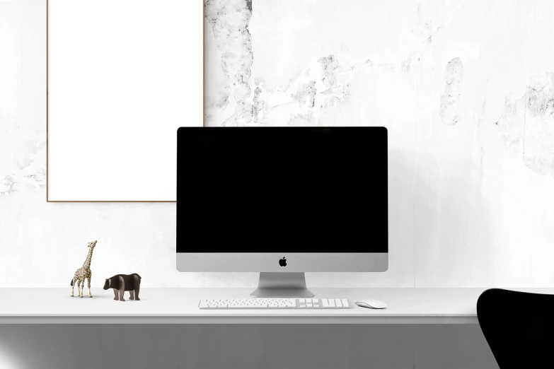 a computer monitor sitting on top of a white desk, pexels, computer art, white marble interior photograph, “pig, blank background, white and black