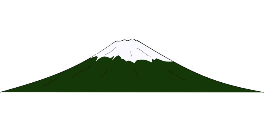 a green mountain with a white top, a picture, trending on pixabay, sōsaku hanga, black backround. inkscape, low quality video, mt. fuji, front side view
