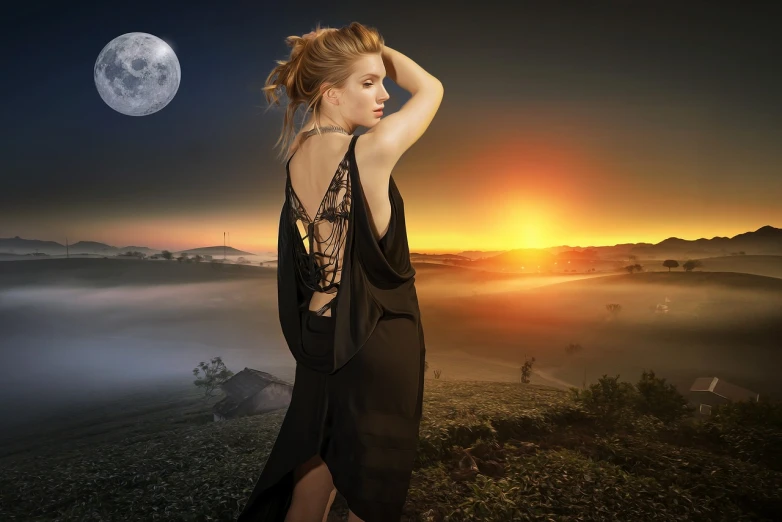 a woman in a black dress standing on top of a hill, digital art, trending on pixabay, romanticism, moon rising, wearing a camisole, intricate fashion clothing, beautiful sexy woman photo