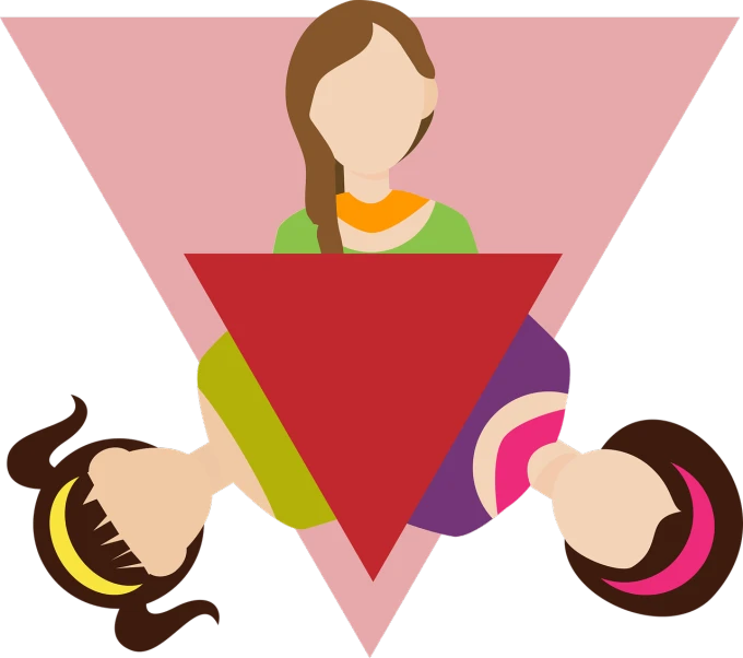 a woman sitting on top of a pink triangle, an illustration of, by Lizzy Ansingh, pixabay, feminist art, 3 young and beautiful women, family dinner, symmetric!!, round-cropped