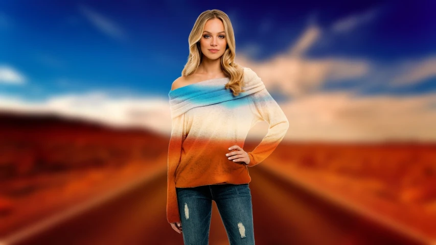 a woman standing in the middle of a road, an airbrush painting, inspired by Károly Lotz, digital art, orange to blue gradient, wearing casual sweater, yvonne strahovski, in the australian outback