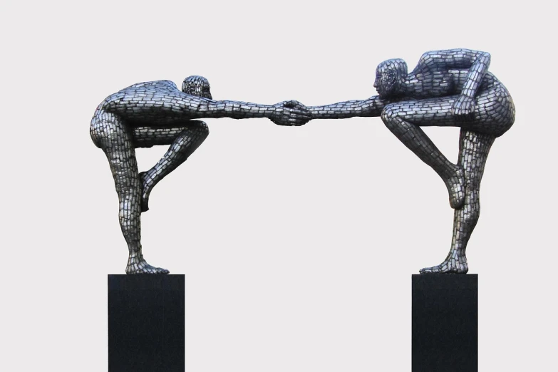 a couple of statues sitting on top of each other, a bronze sculpture, inspired by Sir Jacob Epstein, new sculpture, bridge between the worlds, rendering of checkmate, intertwined full body view, aluminium