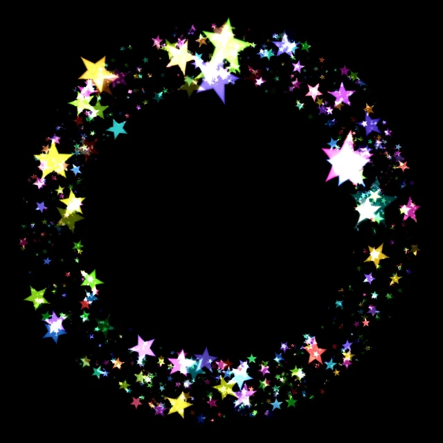 a circle of multicolored stars on a black background, glittering multiversal ornaments, colorful!!, colorful]”, high resolution