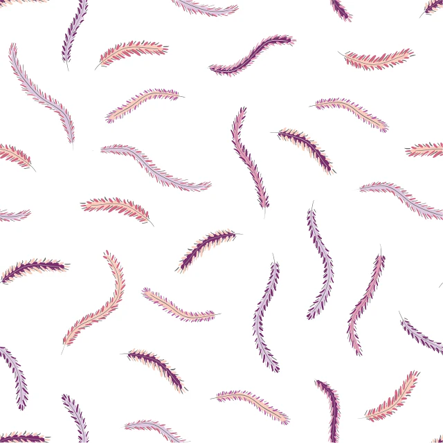 a pattern of feathers on a white background, a digital rendering, inspired by Katsushika Ōi, pink and purple, flame ferns, linear illustration, worms intricated