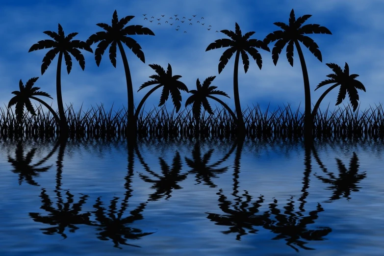 the silhouettes of palm trees are reflected in the water, an illustration of, hurufiyya, dark blue and black, grass and water, very beautiful photo, illustration