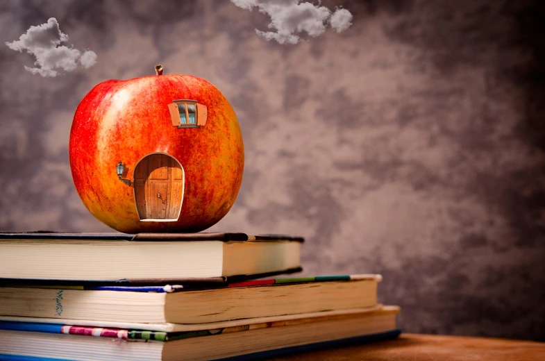 an apple sitting on top of a stack of books, a storybook illustration, magic realism, hd wallpaper, sweet home, still photography, school curriculum expert