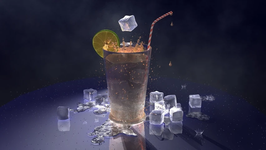 a glass of soda with ice cubes and a lime slice, a 3D render, by Aleksander Gierymski, cg society contest winner, glinting particles of ice, 3 d cg, 3d style light refraction, realistic scene